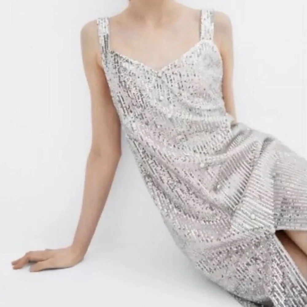Zara NWT Gold Sequin Sparkle Sequin Midi Dress with Slit size S - Picture 3 of 11